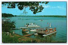 c1960 Greetings From Mt Horeb Wisconsin Pontoon Boat Lake River Vintage Postcard picture
