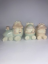 Vintage Heavy Well Made Ceramic Easter Bunny Train 3 PCs Beautiful Signed picture