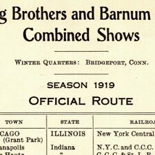 Scarce 1919 Ringling Bros. B&B Circus Route Card Illinois Minnesota Nebraska picture
