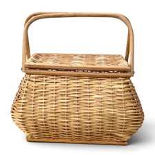 Vintage Woven Wicker Basket Picnic Fishing Sewing Hinged Lid Cottagecore picture