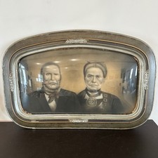 Antique Victorian Convex Bubble Glass Charcoal Portrait Couple Ornate Wood Frame picture