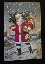 SILK ~Santa Claus Blue Pants~Drum~US Flag~Patriotic 1907~Christmas Postcard~r27 picture