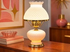 Vintage J Schrader Gone With the Wind Milk Glass Hobnail Lamp 15.5 in picture