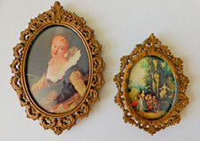 Vntg Pair Victorian Style Pictures Oval Metal Frames, Oval Glass Made In Italy picture