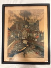 Signed G Plasse Print Amiens Cathedral French Water Market Framed Vintage picture