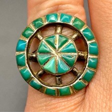 Vintage Zuni Native Turquoise Inlay Silver Ring Size 4.75 picture