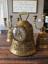 Antique French Bronze Bell Clock Garniture Set Candelabra 8-Day Cathedral Gong picture