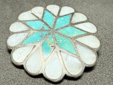 c1950's Vintage Zuni sterling silver turquoise mother of pearl inlay pin brooch picture