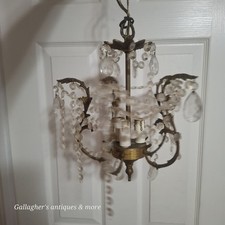 Small VINTAGE SPAIN CHANDELIER BRASS 3 LIGHT Hollywood Reg CRYSTAL PRISMS picture