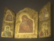 Vintage Decorative Golden Wooden Trifold Hinged Triptych Religious Art Plaque picture