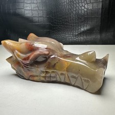 430g Natural Crystal .THREE COLORFUL AGATE. Hand-carved. Dragon Skull.BD picture