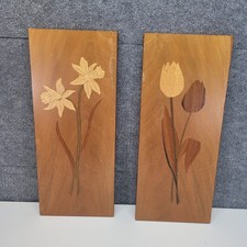 Vintage MCM Heiko Signed Marquetry Inlaid Wood Wall Art Floral Set picture