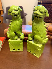 Green Crackle Glaze Ceramic Foo Dog Figurines Pair/Vintage picture