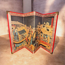 VTG Japanese Byobu Kunisada Ukiyo-e Textile 4 Panel Tabletop Folding Screen Box picture