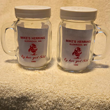 VINTAGE: Mike's Herring Glenwood MN 1988 Glass Salt & Pepper Shakers. w/ Lids picture