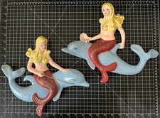 Pair of Vintage Atlantic Mold Mermaids Riding on Dophins Wall Art MCM VGC picture
