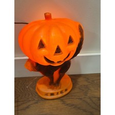 Vintage Halloween Blow Mold Light Pumpkin Jack O Lantern Black Cat Trick Treat picture
