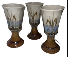 Nice Vtg Studio Stoneware Pottery 3 Challis Goblets CatTails signed Hope picture