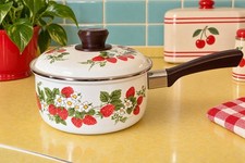 Vintage Strawberry Floral Enamel Saucepan 8” Cream Red Berries Retro Cookware picture