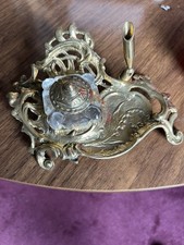 VTG Art Nouveau Style Ornate Embossed Brass Pen Holder & Glass Inkwell with Lid picture