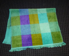 NOS Vtg 70s Cannon PLUSH Hand Towel Purple Green Turquoise Squares Fringed 17x28 picture
