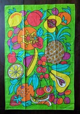 Vintage 1970s Psychedelic Linen Tea Towel Czechoslovakia Retro Fruit Print Green picture