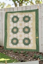 Vintage Eight Point Star Patchwork Lap Quilt Hand Stitched Green Tan 48” X 60” picture