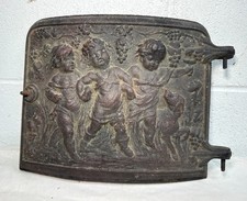 Antique 19th century thick cast iron stove door salvage cherub putti door panel picture