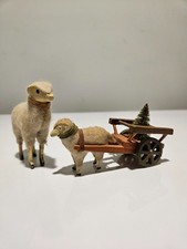 Antique German Putz Sheep Stick Leg  Wagon with Bottle Brush Tree 2 picture