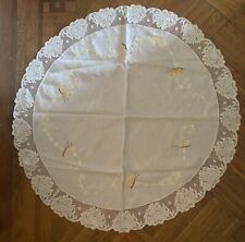 Vintage Round Tablecloth Embroidered Butterflies Crochet Lace 44” Yellow Flowers picture