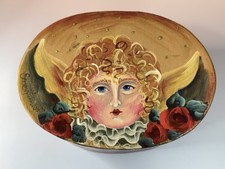 Vintage Hand Painted Christmas Angel Folk Art Oval Paperboard Box Signed Sharon picture