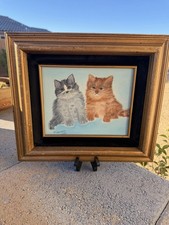 N. Ferrero Framed Two Cat Painting Artwork, Signed & Dated 1986 picture