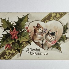 Antique Postcard Embossed Christmas Adorable Sweet Kitty Cat Cats In Heart picture