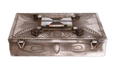Zuni Pueblo Sterling Silver Inlay Stamped Box ca. 1930 - 1940 picture