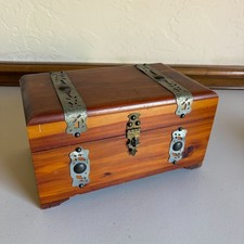 Antique 1940s Wooden Cedar Keepsake Box Metal Straps  picture