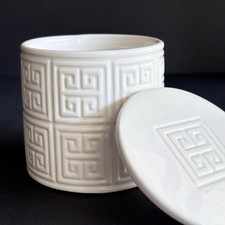 Jonathan Adler Greek Key White Ceramic Lidded Container Vanity Q-tips picture