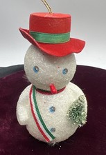Vintage 1950s Glitter Flocked Mica Snowman Christmas Ornament Foam 5” picture