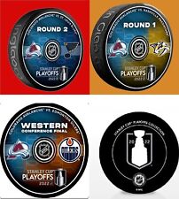2022 NHL PLAYOFFS 3 PUCK SET COLORADO AVALANCHE WESTERN CONFERENCE ROUNDS 1 & 2  picture