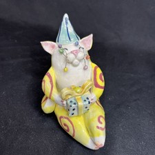 Rare 1998 Amy Lacombe WhimsiClay Ceramic Cat with Gift & Party Hat Signed picture