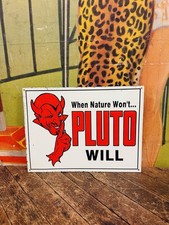 VINTAGE PLUTO WATER EMBOSSED TIN SIGN DEVIL SATAN FRENCH LICK INDIANA LAXATIVE picture