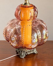 Pair Vintage Pink Hobnail Glass Table Lamps Amber Glow Floral Hollywood Regency picture