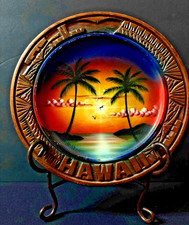 Vintage Hawaii Souvenir Wooden Hand Carved Painted Plate Hawaiian Sunset Tiki picture