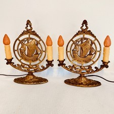 Vtg 1920s Art Deco Mantle Lamps Galleon Ship & Candle Lights - Rewired & Marked picture