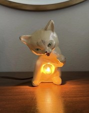 Vintage Ceramic Cat Kitten Lamp Night Light Green Eyes Working Kitsch 5.75” picture