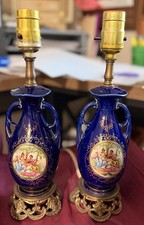 Pair Vintage Cobalt Blue Porcelain Table Lamps Brass Base Victorian Scene picture