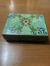 Chinese cloisonné trinket box wire/enamel design on copper hinged lid, ball feet picture