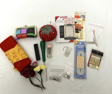 Vintage Sewing Notions Lot Crafts Pin Cushion Travel Case Needles Tape Measure + picture