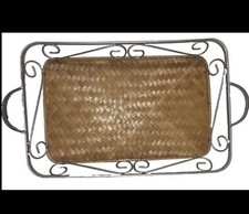 24” x 13” pretty Vintage Serving Tray & Wicker Rattan Heavy Metal picture