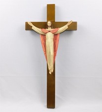 Large Vtg VDF Vincenzo Demetz Figlio Carved Wood Cross Wall Crucifix Jesus 24