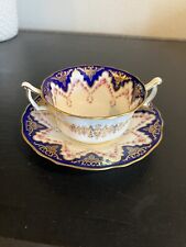 Vintage Cauldron England Tea Cup & Saucer Floral Blue W/ Gold  Double Handle picture